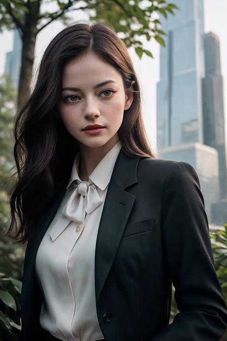 MackenzieF_SoloTI_v1ï¼
posing for a picture, (Clad in a tailored charcoal suit, softened by a silk tie with a hint of color, embodying strength with a touch of tenderness), (An urban park at dawn, with skyscrapers towering overhead, softened by the gentle rustle of leaves, blending toughness with tranquility: 1.3), (seductive:1.3),(analog, cinematic, film grain, hazy atmosphere, cinematic shot:1.3),, PA7_Portrait-MCU