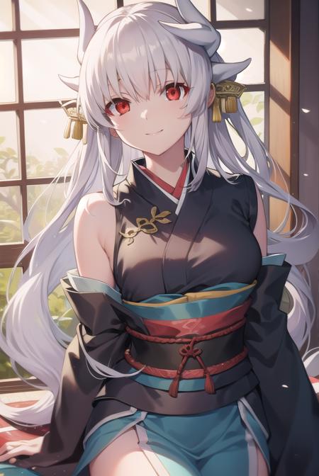 kiyohime, <lora:kiyohime-lora-nochekaiser:1>,
kiyohime, white hair, dragon girl, dragon horns, horns, long hair, (red eyes:1.5), smile, (small breast:1.2),
BREAK japanese clothes, obi, sash, thighhighs, wide sleeves, yukata,
BREAK looking at viewer,
BREAK indoors,
BREAK <lyco:GoodHands-beta2:1>, (masterpiece:1.2), best quality, high resolution, unity 8k wallpaper, (illustration:0.8), (beautiful detailed eyes:1.6), extremely detailed face, perfect lighting, extremely detailed CG, (perfect hands, perfect anatomy),