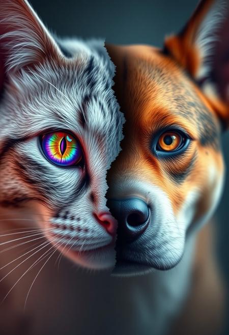 Create a photorealistic image of two half-faces that fit together perfectly to form the yin-Yang symbol. One half-face is a cat, with a vibrant, shattered eye that radiates colorful, swirling patterns like a kaleidoscope. The other half-face is a dog, with an equally vibrant, shattered eye that mirrors the cat's in shape and color. The faces are rendered in exquisite detail, with subtle texture and expression. The cat's face is serene and calm, while the dog's face is slightly more energetic and playful. The two faces fit together like an organic puzzle piece, with no visible seams or edges. The overall effect is one of mesmerizing, symmetrical harmony, as if the two faces are a single, unified entity. Highest-Quality, 4k, intricate details, visually stunning, Masterpiece