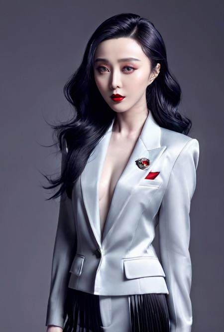 biomechanical style, red lips,side_light,sweet,(Tailored_blazer:1.4),(Pleated_trousers:1.3),(Pointed-toe_loafers:1.2),stage lights,
<lora:fbb_XL_3_-000005:1>,fbb,chinese actress fan bingbing,play in beijing fashion show,, (masterpiece,best quality,ultra high res:1.2),(photo-realistic:1.3),(beautiful face,exquisite face,skin texture:1.2),, blend of organic and mechanical elements, futuristic, cybernetic, detailed, intricate