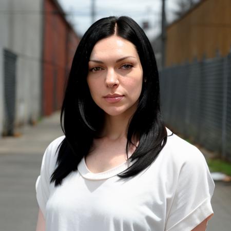 RAW photo, a photo of laura prepon black hair wearing orange prison jumper, long haircut, pale skin, slim body, background is prison yard, (high detailed skin:1.2), 8k uhd, dslr, soft lighting, high quality, film grain, Fujifilm XT3 <lora:laura prepon v1.0:1>