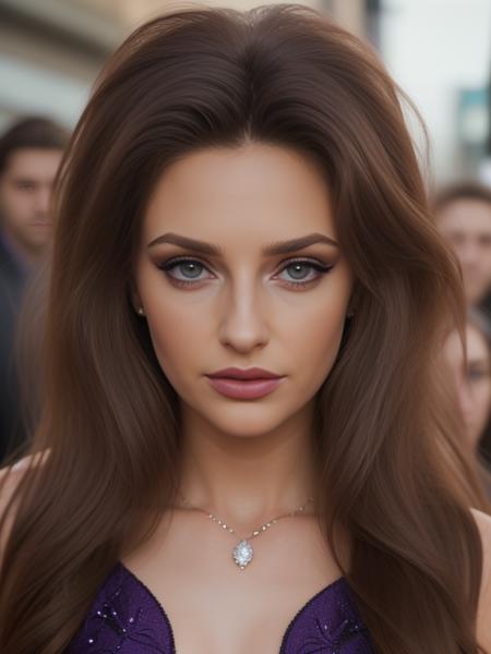 <lora:t4y10r_16SD-000007:0.9>, a (medium shot) photograph of (beautiful 25 year old) (t4y10r woman:1.1) with medium brown hair as a movie star,modelshoot style,at a world premier gala,walking the red carpet outside of a famous hollywood theatre,wearing a stylish (byzantine violet) Valentino Couture gown,dark hair in a Bouffant hair style,wearing(dark violet)lips,perfect makeup and mascara,surrounded by paparazzi photographers and movie fans,(face focus), cinematic photograph, photorealism, realistic lighting,(bokeh),realistic shadows,masterpiece,Award-winning, 8K wallpaper,Hyperrealistic, intricate detailed, subsurface scattering, rule of thirds, detailed pupils, 35mm photograph, detailed skin texture, subsurface scattering