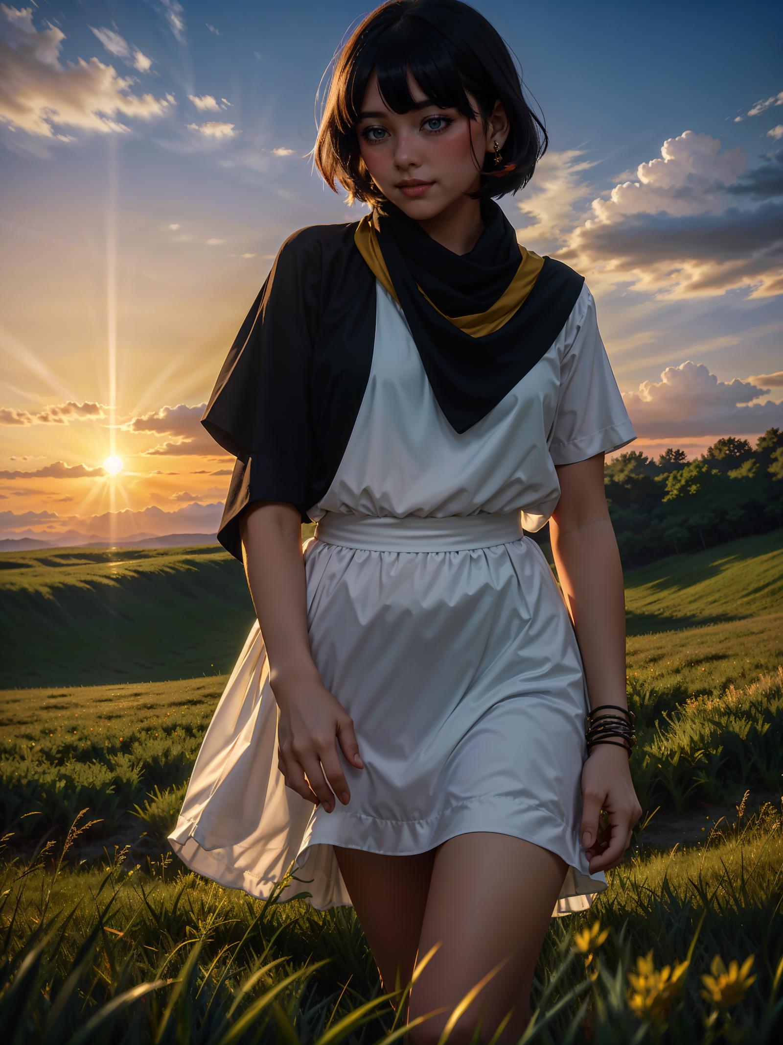A woman in a white dress with a scarf, standing in a field during sunset.