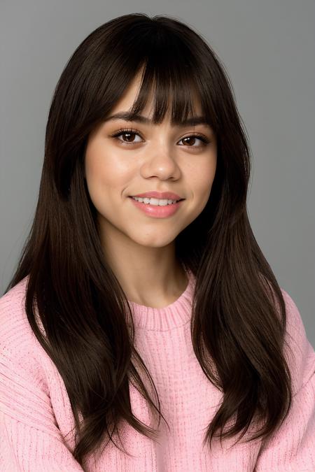 jenna orterga, jenna_ortega_v4 wearing sweater, skinny, bangs, long hair, 
pink sweater, 
head shot, close up, upper body, simple solid background, mid-twenty, age:21, 21 year old, portrait, 
<lora:Jenna_Ortega_V2:0.7>,