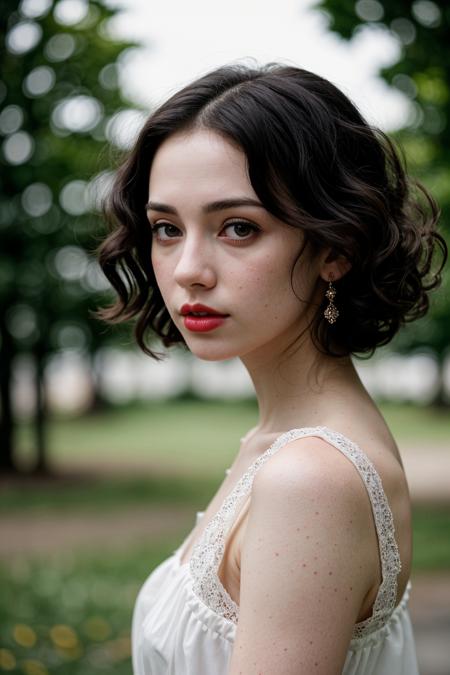 epiCPhoto, 1girl, from side, black hair, curly hair, looking at viewer, front view, stare into space, pale skin, reddish lips, white dress, dark background, <lora:pytorch_lora_weights:0.8>