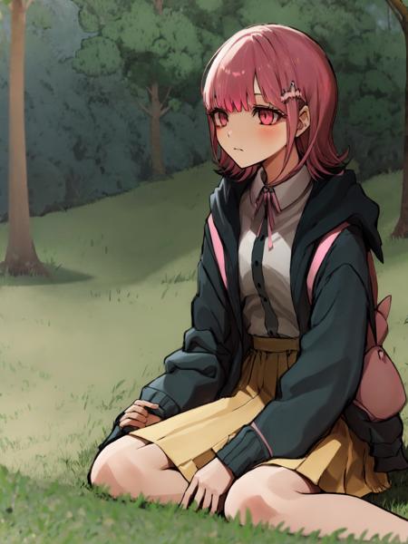 SLE, mksks style, detailed background solo, 1girl, chiakidg, light pink hair, long sleeves, black jacket, white collared shirt, pink eyes, eyebrows visible through hair, pink ribbon, sitting, on ground, looking away, expressionless, valley, grass, trees, blue sky, sunlight, outdoors