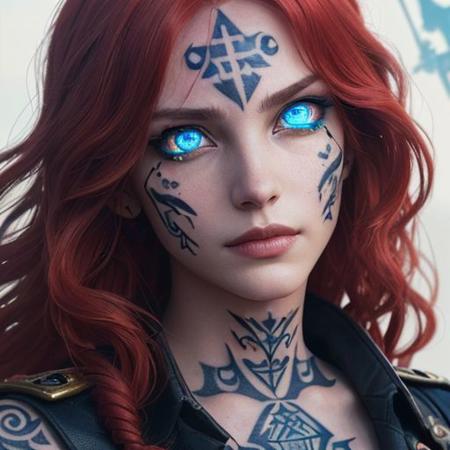bright red hair, human female, (feminine:1.7), (beautiful face, detailed face:1.6), (beautiful eyes, detailed eyes:1.7), (looking at viewer, eye contact, intense:1.6), (long hair, red hair, curly hair:1.3), , ((masterpiece, best quality, high resolution, realistic, best quality,)), photo realistic, Perfect Face, (detailed face). <lora:GoodHands-vanilla:0.6> <lora:add-detail-xl:0.8>, mage, military uniform coat, dagger, rune dagger, glowing runes, , (((glowing magic symbols tattoos, religious tattoos))), ((face tattoos)), glowing tattoos, stone tower in the background