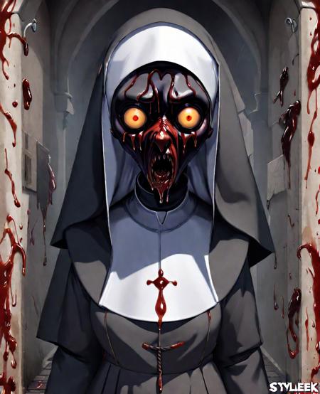 Stylized anime artwork, (valek\(the nun\)), creepy nun, eyes gouged, greasy skin, ill, absurd res, defiled, unclean, unholy, (thin crusty lips), evil, possessed, rot, decay, digital painting, anime studio, masterpiece, Best quality, high detail, subsurface scattering, cinematic lighting, in shadow, scream <lora:SDXL_Creepy_Nun:1.0>