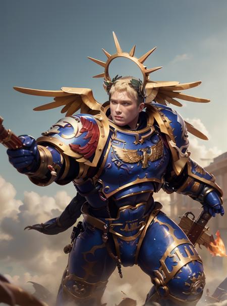 8K masterpiece, detailed, realistic, digital art, octane render, trending on artstation, action SHOT, movie poster, 
1man, 48 years old, tall stature, battle aged, ((solo:1.5)), full body, blonde hair, blue eyes, short hair, 
full armor, power armor, laurel wreath, glowing halo, metal wings, pauldron,   
desert wasteland, war background,  RUNNING TOWARDS CAMERA, brandishing sword, 
(guilliman:1.4), ((pointing at camera:1.4)), blood splatter, 
<lora:Guilliman MK3 by Caraxes:0.68>  artstyle - olfn - 1950s Old Fashion Poster