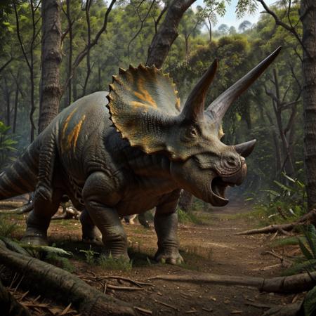 masterpiece, best quality,  <lora:Triceratops_Dinosaur_Dim32_Anime:1>, Triceratops_Dinosaur,  Jurassic jungle,