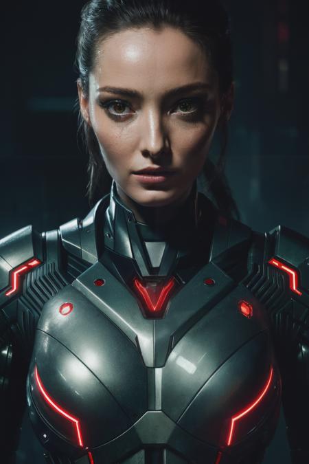 edt, ((best quality)), ((masterpiece)), (detailed), Midjourney Style, close-up, woman, robot, red eyes, concept art, inspired by Marek Okon, digital art, Crysis Nanosuit, futuristic, (glowing elements:1.1), 4:3 aspect ratio, dynamic duo,<lora:EmmaDumont-RealVision-V1.0:1>