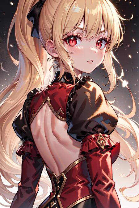 (masterpiece, best quality:1.2), (face focus:1.4), back focus, from behind, blonde hair, long hair, high ponytail, long ponytail, red eyes, long eyelashes, thick eyelashes, looking at viewer, red dress, backless dress, gold trim dress, puffy sleeves, juliet sleeves, long sleeves, red sleeves, (black background:1.2), light particles, blurry, bloom, shiny hair,
<lora:MasterpiaceSTYLEv3:0.777>