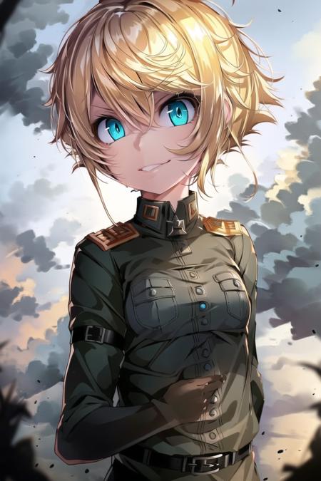 <lora:Tanya von Degurechaff 2:1>, 1girl, blue eyes, short hair, blonde, millitary uniform, beautiful eyes, artstation, concept art, smooth, sharp focus, illustration, intimidating lighting,