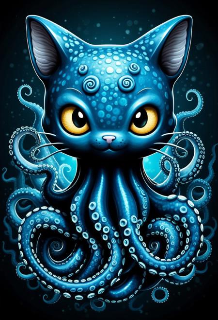 cs-l3ath3r, 
cs-l3ath3r, octocat, a mythical creature with the head of a cat and the body of an octopus, (cat head:1,6), whiskers, (cat ears:1.5), (inner fluff ears:1.3), (cat eyes:1.5), tentacles, eight tentacles, twisting tentacles, swirling tentacles, dark background, deep sea background