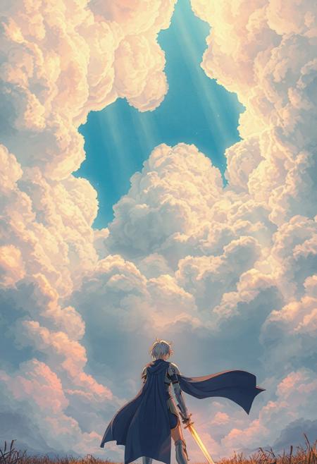 Vertical 9:16 anime-style sky in ultra-detailed 4K resolution. A vast, painterly sky stretches endlessly, filled with massive, textured clouds in complex folds, subtle contours, and soft ridges. Gaps between the clouds reveal patches of baby-blue sky and warm sunlight beams filtering downward. Below, the scene shifts to a mystical landscape where Saber from Fate/stay night stands in the center. She is in her iconic armor, with Excalibur in hand, the sword glowing faintly in the soft light. Her blue cape flows in the wind as she gazes into the horizon, ready for battle. The atmosphere is dreamy and emotional, with pastel colors of blue, pink, and golden light blending together. The background is ethereal and magical, filled with soft edge lighting, layered depth, and a subtle ambient haze, creating a nostalgic, cinematic mood."