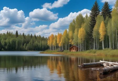 very realistic photograph of a diverse forest of deciduous trees (birch, aspen, maple) and conniferous trees (fir, pine, spruce) blue sky background with cumulus clouds and lake with a log cabin