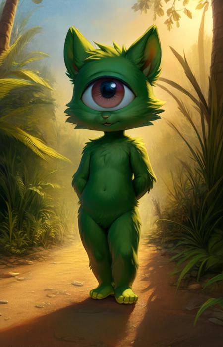 ProfrrrrCartoonAlienDomest, Green fur, yellow paws, One eye, Space suit,  nude, Naked,