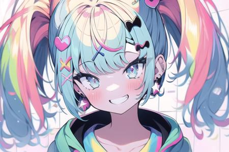 masterpiece, best quality,1girl, aqua_hair, bangs, blonde_hair, blue_nails, blush, earrings, eyebrows_visible_through_hair, grin, hair_ornament, hairclip,jacket, jewelry, looking_at_viewer, multicolored_hair, nail_polish, pink_hair, shirt, smile, solo, star_\(symbol\), star_hair_ornament, star_print, starry_background, tile_floor, tile_wall, tiles, two-tone_hair, x_hair_ornament