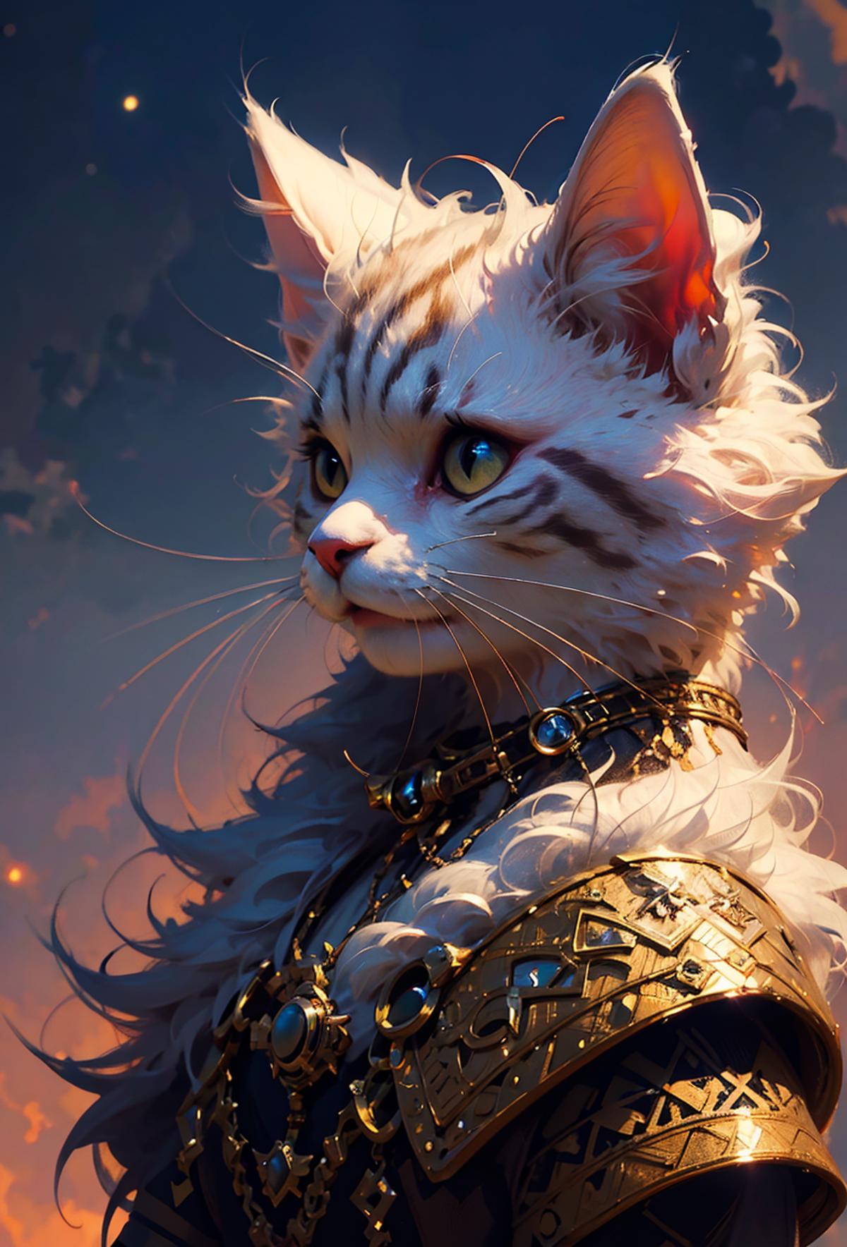 A white cat with long hair and a gold chain around its neck.