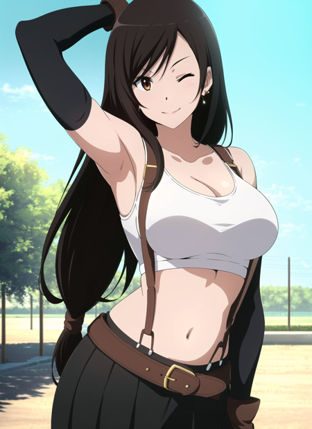 hyouka <lora:hyouka_offset:1>, tifa lockhart, 1girl, thick lips, arm up, armpits, artist name, belt, black hair, breasts, brown eyes, cleavage, closed mouth, collarbone, cowboy shot, crop top, earrings, elbow gloves, elbow pads, gloves, jewelry, large breasts, lips, long hair, low-tied long hair, midriff, navel, one eye closed, outdoors, skirt, smile, solo, stomach, suspenders, tank top, upper body, ((masterpiece)) <lora:tifa_lockhart_offset:0.6>