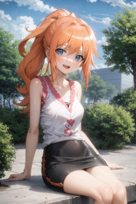 {{Masterpiece}},{{best quality}},{{detailed illustration}},{beautiful detailed eyes},{{cinematic lighting}},{{bright colors}},1girl,long hair,one top ponytail,orange hair color,white blouse,brown vest,pencil skirt,bare legs,green park,trees at background,god rays,sunny day,detailed clouds,looking at viewer,open mouth,very happy,sitting <lora:michiru kinushima:0.35>