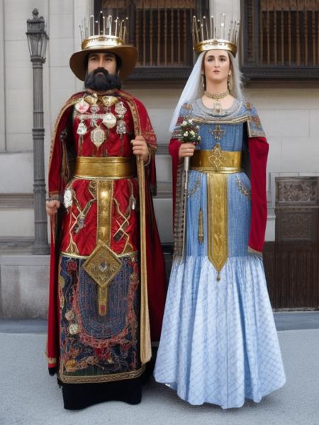 couple of gegants, gegant male and a gegant female both wearing cowboy clothes and crown  and skirt:1.2  in front of a building   <lora:gegants_2_1_768:1>