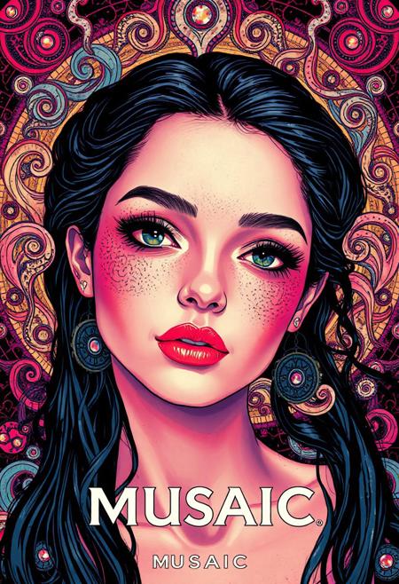 high quality design aesthetics, synth pop, detailed, pop album cover, beautiful young white woman, artist name "Musaic", intricate swirls, patterns