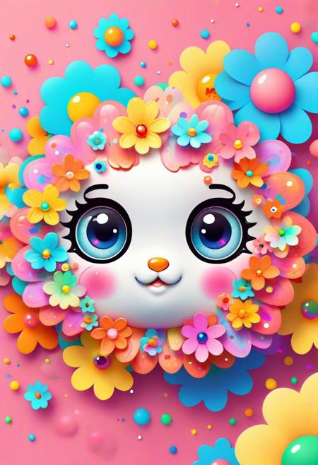 Vibrant kawaii flower with a round face and big eyes, exuding cuteness, surrounded by an explosion of pastel colors in a rainbow spectrum. The petals are stylized as playful sticker elements, clean vector art design with flat color palette. Each petal has a different hue contributing to the rainbow effect, giving off a whimsical and joyful vibe. Soft shadows for depth, high detail in textures, and bright, saturated colors dominate the composition. The overall style is reminiscent of Sanrio characters with a touch of Yayoi Kusama's dots obsession. Artstation quality vector illustration.