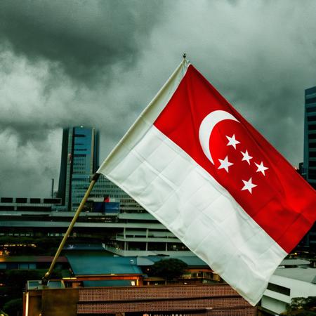 the Singapore  flag,SingaporeFlag,Hyperrealistic,Hyperdetailed,realistic,masterpiece,best quality,ultra realistic,High Detail,<lora:AsiaFlags01-000002:1>,Cinematic Lighting,in winter,rain,rainy days,cloudy,city,cityscape,street,