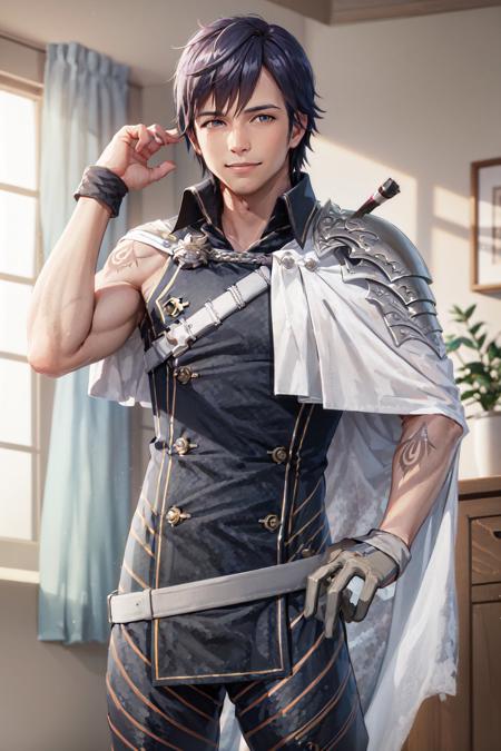 (masterpiece, best quality:1.2), <lora:fireemblem_chrom-10:1>, tattoo, cowboy shot, solo, male focus, 1boy, chrom, smile, looking at viewer, armor, cape