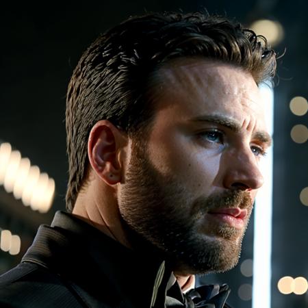 face portrait of chrisevans person using a tuxedo, in blade runner, professional photography, high resolution, 4k, detailed photo,  <lora:chrisevans_30760:1>