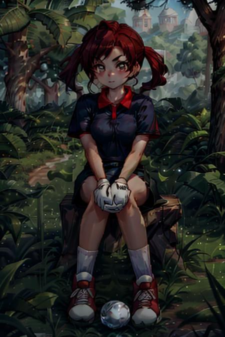 highest quality, highest quality visuals, highest details,<lora:Plum V21:0.8> plum (mario golf 64), 1girl, solo, 2D, high poly, brown hair, pigtails, green eyes, smile, dark blue shirt, red collar, red cuffs, 1white_glove, black shorts, bare legs, socks, red and white sneakers, (dark background:1.2),  <lora:add_brightness:-1.15>