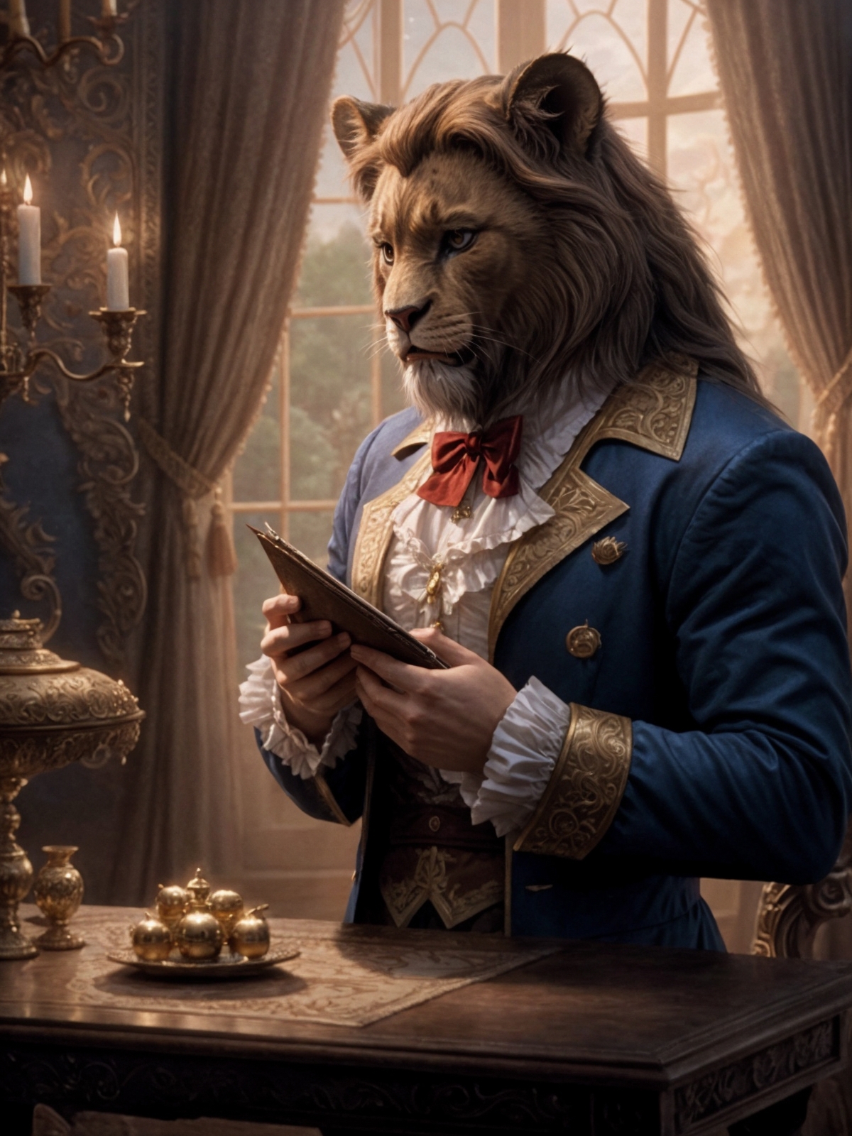 A man in a blue suit and a lion head is reading a book while sitting at a table with candles.