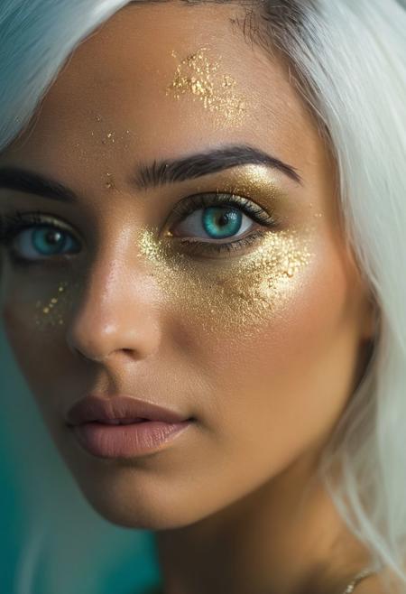 persian Girl,extreme closeup portrait photo of a 33-year-old half alien and half human woman with teal-coloured skin and with golden freckles and with alien eyes with glowing golden iris and with white hair, highly detailed, award winning photo 100mm f/2.8 macro lens, , full body, battle stancevibrant, highly detailed,byJocelyn Hobbie and Charles Dwyer, Triadic color guide,Leica Q2 with Summilux 28mm f/1.7 ASPH, hanfu,clear face, Ultra High Resolution, wallpaper, 8K,Rich texture details, hyper detailed, detailed eyes, detailed background, dramatic angle, epic composition, SimplepositiveXLv1 (masterpiece, high quality, fisheye:1.2), (close-up portrait:1.1), solo, model photoshoot,, a stylish girl,