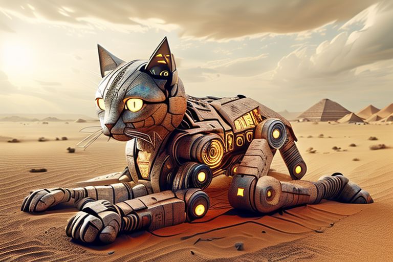 egypttech, A large robot Cat in the desert, 
The Mayan panoramas on my pyramid pajamas haven't helped my little problems.