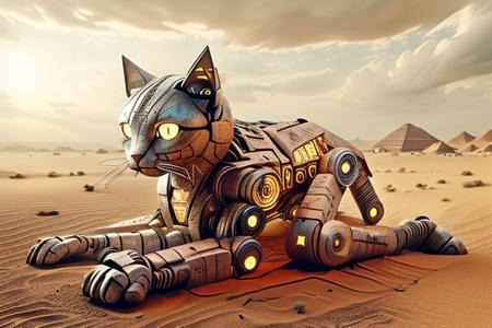 egypttech, A large robot Cat in the desert, 
The Mayan panoramas on my pyramid pajamas haven't helped my little problems.