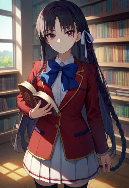 horikita suzune, braid, hair ribbon school uniform, red jacket, blazer, blue bow, long sleeves, white skirt, black thighhighs