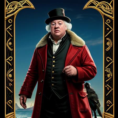 a man in a red coat holding a black bird, waterdeep, ! baron harkonnen!, character creation, renaissance themed, inspired by Victor Adame Minguez, gulliver's travels, discord mod, maiden and fool and crone, merchants, larry macdougall, red cap