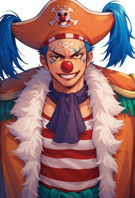 Buggy, blue hair, clown nose, clown makeup, white gloves, pirate hat, orange coat, red and white striped shirt, green sash, light green pants, shoes Buggy, blue hair, ponytail, clown nose, clown makeup, prisoner outfit, black and white striped shirt, striped pants