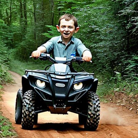 A full body photo of gollum, aka smeagol (lord of the rings), he's riding an ATV, 
It looks cute and adorable yet fierce at the same time, realistic, funny, 
highest quality, exceptional accuracy and realism,