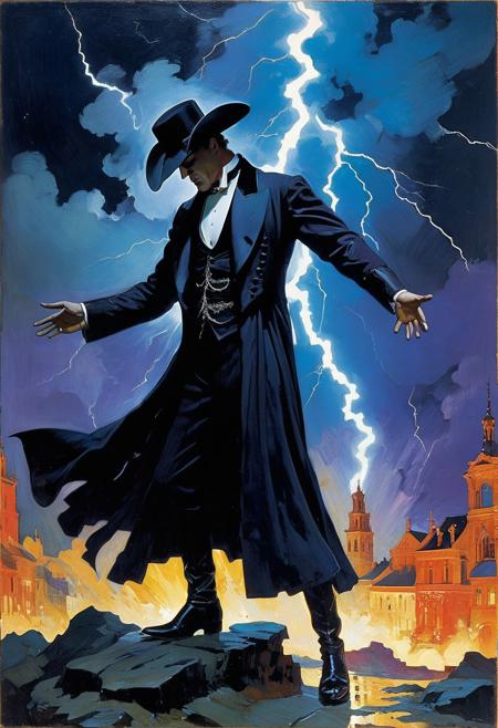 Darkness around the undertaker suddenly He dances as if in delirium Giving out a ringing knock Stamps his hoof for trouble, entirely made out of lightning bolts, By Mikhail Vrubel and Kees van Dongen, highly detailed