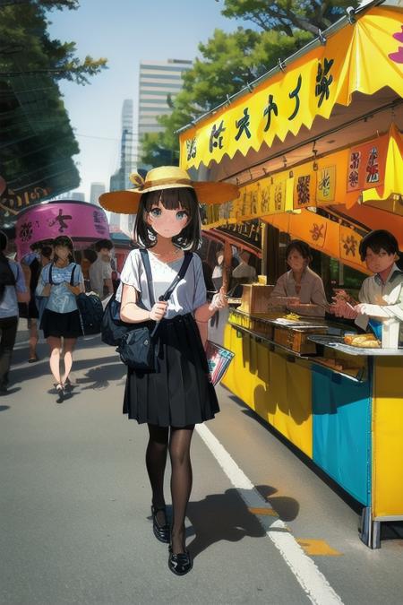 masterpiece, best quality, ultra-detailed, illustration,
omatsuri, food stand, multiple girls, tree, outdoors, bag, hat, skirt, handbag, road, street, walking, multiple boys, scenery, crowd, long skirt, pantyhose, day, long hair, real world location, black skirt, 6+boys, lantern, shirt, 6+girls, backpack, festival, food, photo background, pavement, crosswalk, paper lantern, lamppost, brown hair, white shirt, short hair, holding, sun hat, 
 <lora:omatsuri_V4_1.0_OUTD_Resize_DIM8:1>