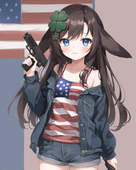 <lora:Kiki-type2-000001-merge-03:1.0> 1girl, Kiki, four-leaf clover (hairclip:1.1), (ears:1.2), (american flag:1.2) background, holding weapon, holding gun