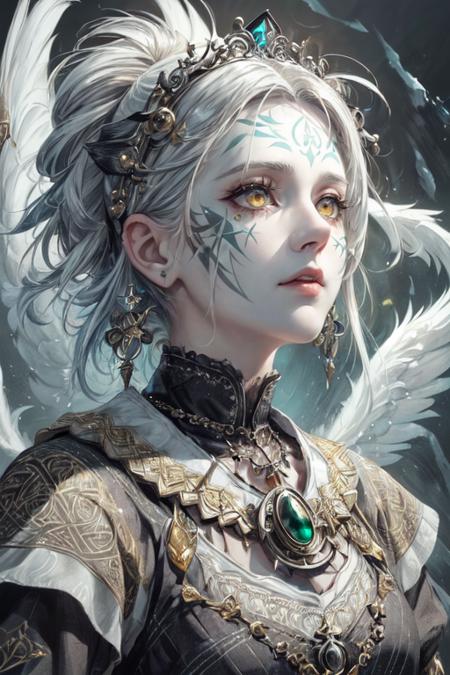 best quality, masterpiece, <lora:add_detail:1>
(1girl,  old czech girl:1.2), yellow eyes, graying hair, short hair,
portrait, solo, (full body:0.6), detailed background, detailed face, (celtic theme:1.1), white facepaint, vodoo shaman, mystical, green fur lined clothes, obsidian, tilt pose, tilt background, ritual, whirlwind, foreboding atmosphere,