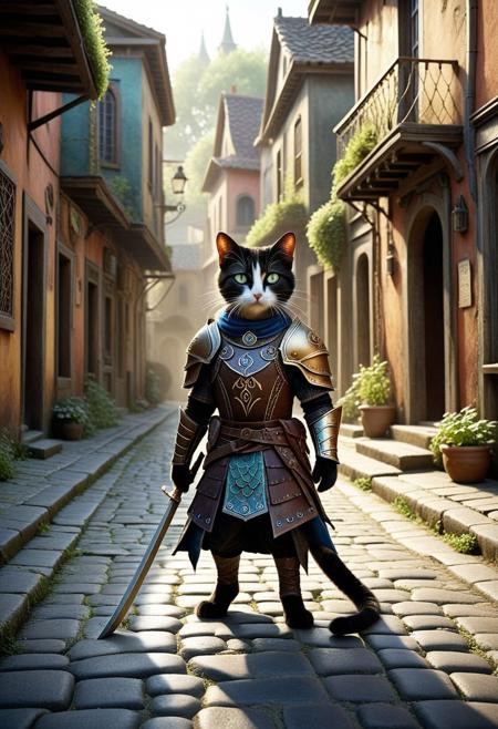 lazypos, full body, centrally focused, from the side, looking at viewer, highres, realistic, sharp focus, 8k, vibrant colors, perfect_lighting, detailed image, highly detailed, ultra quality.
A singular cat warrior stands poised in the center of a mist-laced cobblestone street, clad in weathered leather armor stitched with mysterious runes that swirl along their body. Its fur ripples with tension, eyes gleaming with purpose as it scans the shadowy, dreamlike town in search of elusive catnip rumored to grow in haunted corners.
The scene is drenched in cinematic lighting, long shadows stretch from crumbling buildings, and subtle glowing particles float in the air like forgotten spirits. The town seems warped, too quiet, its surreal architecture twisting slightly in the corners of perception.
Hints of something ancient and unsettling linger in the atmosphere: tattered posters flutter with unseen warnings, and a faint mewl echoes from nowhere. The mood is strangely still, a colorful, surreal world with subtle macabre undertones, where even a cat’s quest for joy carries the weight of myth and menace