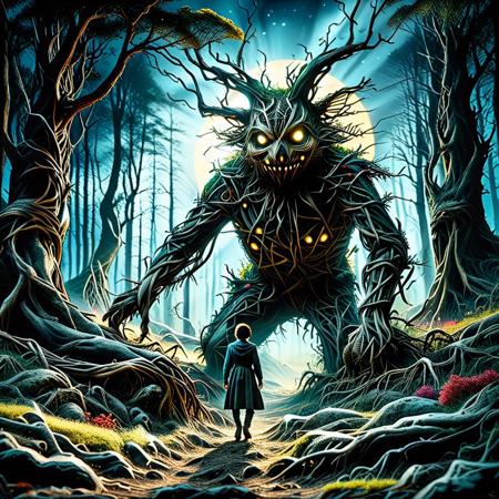 Dark Ghibli fairytale style, A terrified man in a desolate field at night, looking over his shoulder with fear. A massive, shadowy creature looms in the background, its glowing eyes piercing through the darkness. The atmosphere is eerie and tense, capturing the feeling of being hunted by something supernatural. Cinematic, ultra-realistic, 8K resolution, horror aesthetic. Scarecrow style. The size of two people made out of forest and roots. Very detailed forest and roots background. Bokeh, depth_of_field, masterpiece, absurdres, vibrant, dynamic pose, dynamic dramatic angle, sun rays, sun enlighten, very colorful, highly detailed, , An artistic marvel, merging rich comic book aesthetics with ultra-HD sharpness and striking 8K depth. Meticulous craftsmanship ensures that every nuance of the motif shines in extraordinary resolution.
surreal fantasy, storybook illustration, haunting beauty, soft shadows, highly detailed, mystical atmosphere
