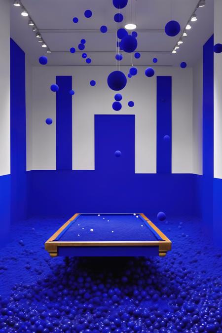 <lora:Yves Klein Style:1>Yves Klein Style - snooker time yves klein blue installation in moma in style of alexander mcqueen