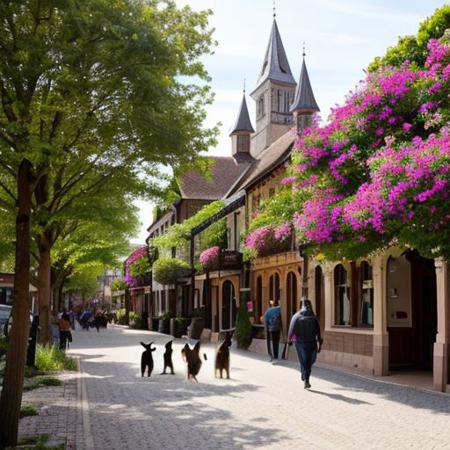 A town where the buildings are made of steel and wood, there is a castle in the distance, there are different types of buildings, there is multiple different types of people and cats walking through the streets interacting with each other, the town is peaceful, and there is a flower garden.