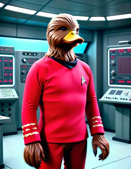 a duck made of wookie hair wearing a startrektos red uniform in a futuristic control room  <lora:Wookiee_Hair:1> <lora:TOSXL:1> <lora:add-detail-xl:1>