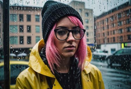 moody, snapshot, rain, urban, beautiful 25-year-old woman with pink hair with (round glasses:1.2) wearing a (black beanie:1.2) and wearing a yellow raincoat, water, city, silhouette, cityscape, urban art, artistic photography, moody photos, rainy day, street portrait, through the glass, photo taken through a window, woman behind a rain wet glass, urban street